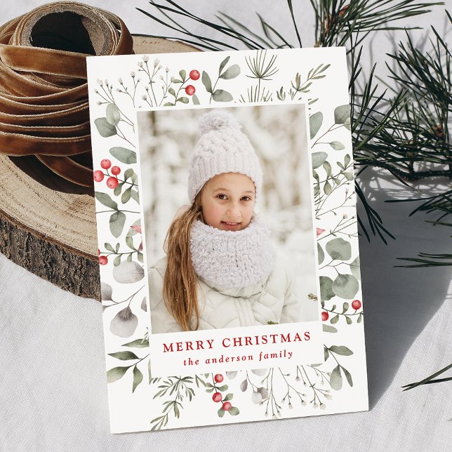 Elegant Winter Foliage and Holly Berries Photo Holiday Card (Creator Uploaded)