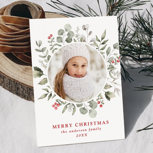 Elegant Winter Foliage and Holly Berries Photo Holiday Card (Creator Uploaded)