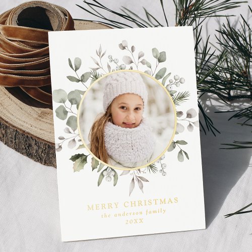 Elegant Winter Foliage and Snowberries Photo Foil Holiday Card
