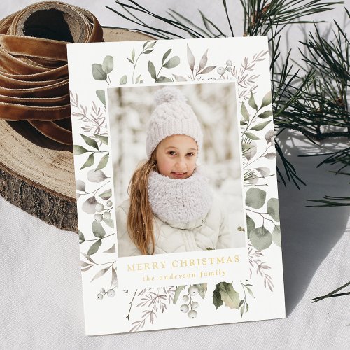 Elegant Winter Foliage and Snowberries Photo Foil Holiday Card