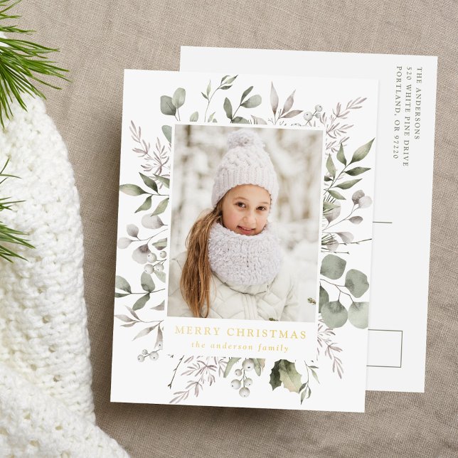 Elegant Winter Foliage and Snowberries Photo Foil Holiday Postcard (Creator Uploaded)