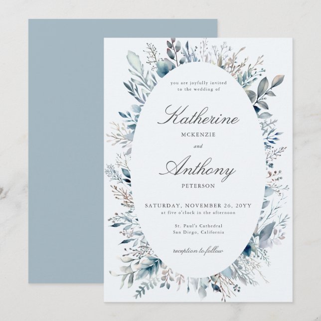 Elegant Winter Foliage Boho Frame Blue Wedding Invitation (Front/Back)