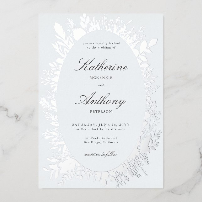 Elegant Winter Foliage Frame Dusty Blue Wedding Foil Invitation (Front)