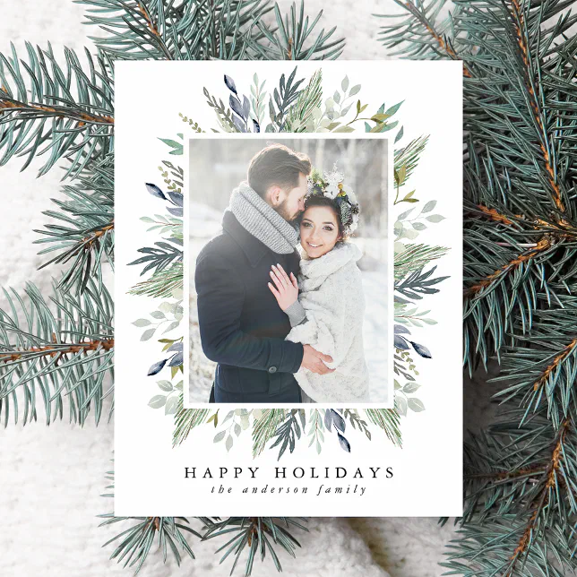 Elegant Winter Foliage Frame Holiday Photo Postcard | Zazzle