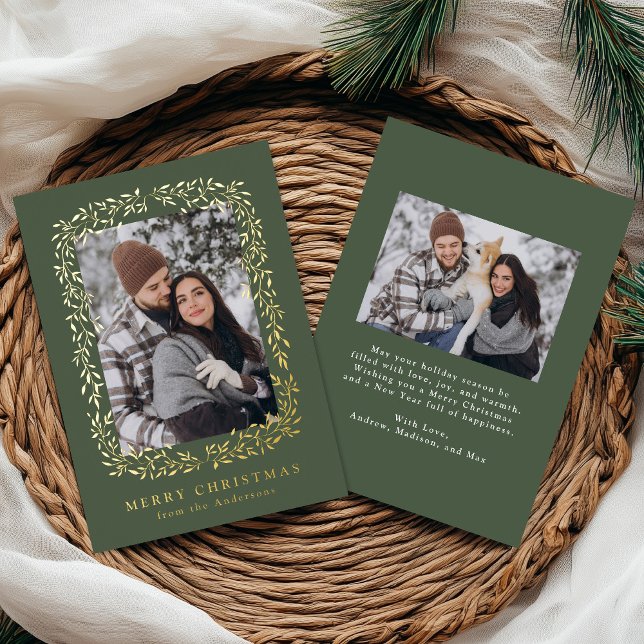 Elegant Winter Foliage Green 2 Photo Foil Holiday Card (Creator Uploaded)