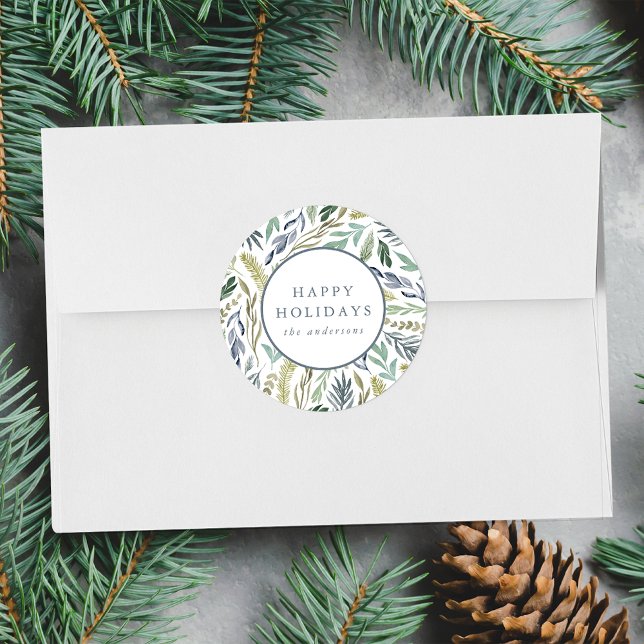Elegant Winter Foliage Happy Holidays Classic Round Sticker (Creator Uploaded)