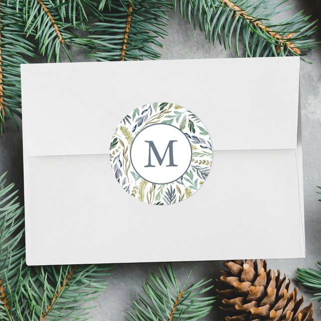Elegant Winter Foliage Holiday Monogram Classic Round Sticker (Creator Uploaded)