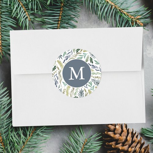 Elegant Winter Foliage Holiday Monogram Classic Round Sticker