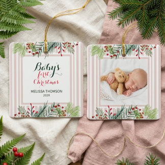 Elegant Winter Foliage Pink Baby's First Christmas Ceramic Ornament