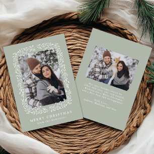 Elegant Winter Foliage Sage Green 2 Photo Holiday Card