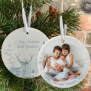 Elegant Winter Forest and Stag Personalized Photo Ceramic Ornament