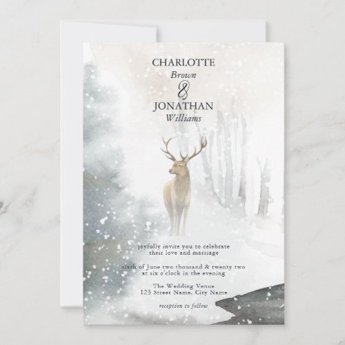 Elegant Winter Forest Deer Watercolor Wedding Invitation