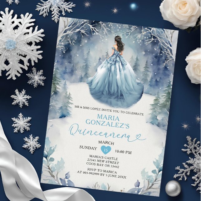 Elegant Winter Forest Dusty Blue Dress Quinceañera Invitation (Creator Uploaded)