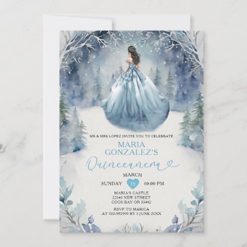 Elegant Winter Forest Dusty Blue Dress Quinceaera Invitation