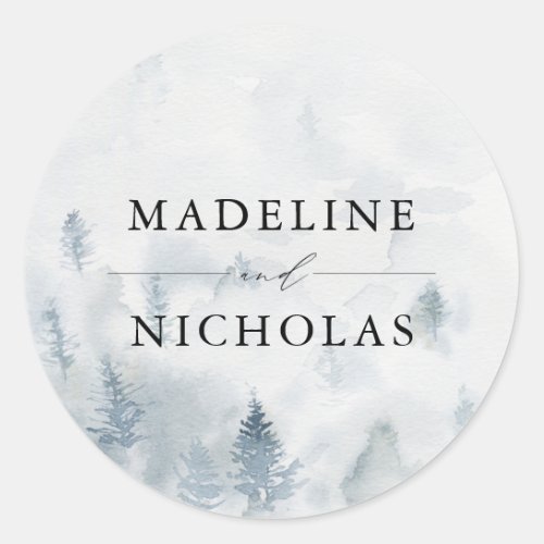 Elegant Winter Forest Personalized Wedding Classic Round Sticker