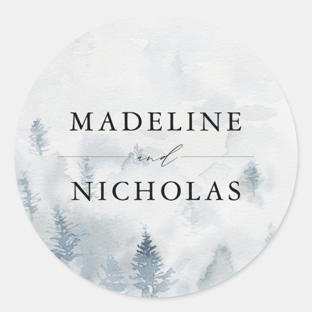 Elegant Winter Forest Personalized Wedding Classic Round Sticker (Front)