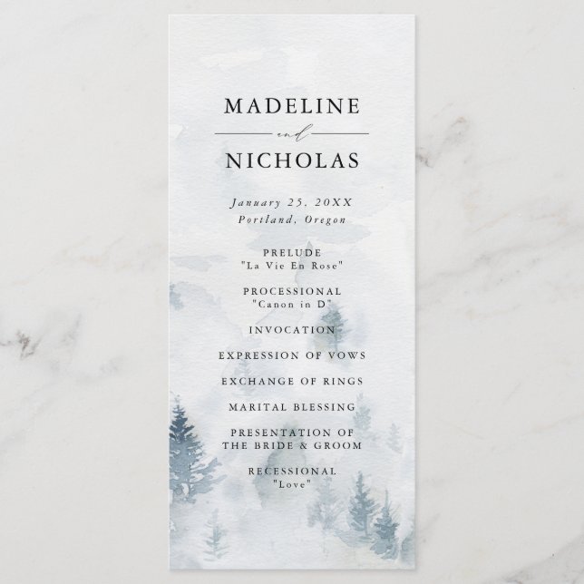Elegant Winter Forest Wedding Ceremony Program (Front)