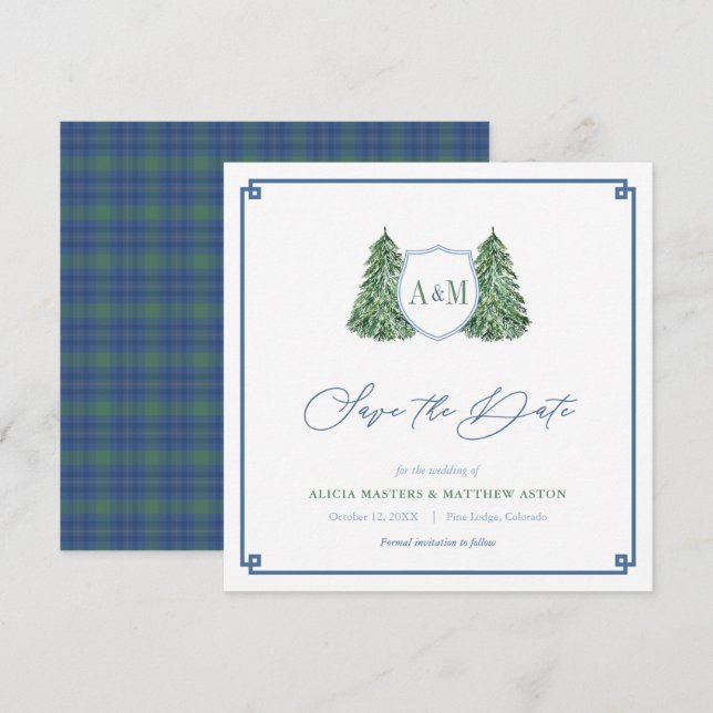 Elegant Winter Forest  Wedding Monogram Tartan Save The Date (Front/Back)