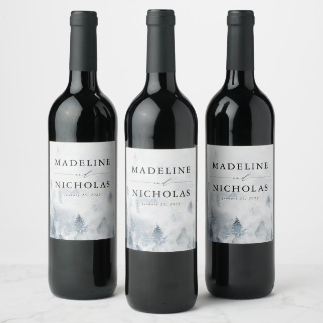 Elegant Winter Forest Wedding Wine Label (Bottles)