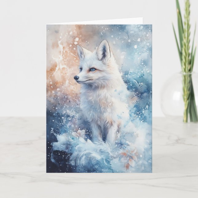 Elegant Winter Fox Amid Snowy Flowers Card (Front)