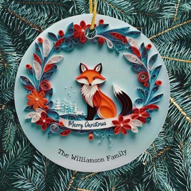 Elegant Winter Fox Nature Themed Merry Christmas Ceramic Ornament (An elegant Christmas tree ornament with picture of a red fox in winter snow with papercraft effect)
