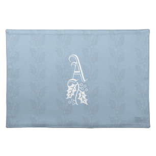 ELEGANT WINTER Frost Blue Holly Monogram Cloth Placemat