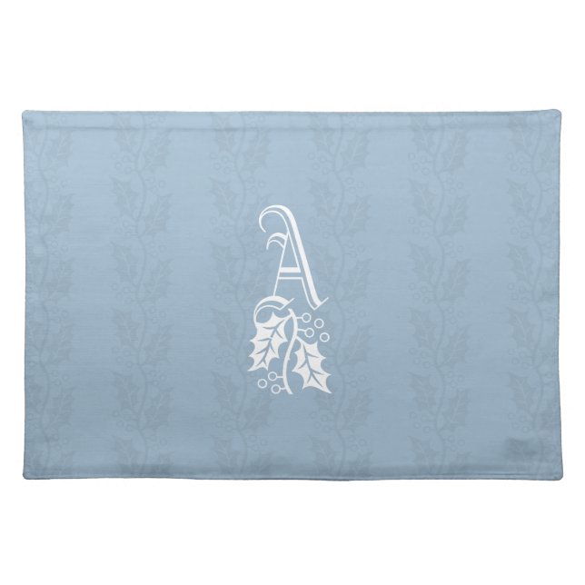 ELEGANT WINTER Frost Blue Holly Monogram Cloth Placemat (Front)