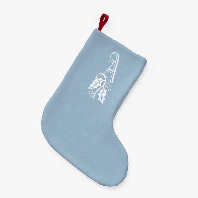ELEGANT WINTER Frost Blue Holly Monogram Small Christmas Stocking (Front (Hanging))