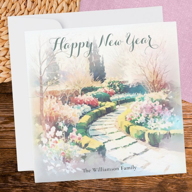 Elegant Winter Garden Chic Stylish Elegant Botanic Holiday Card (A personalized greeting card with 'Happy New Year' words and misty winter garden illustration)