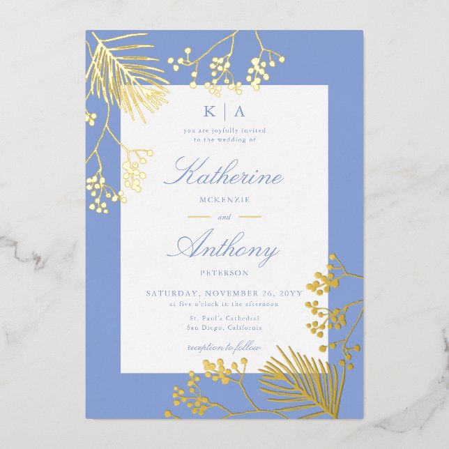 Elegant Winter Gold Botanicals Monograms Wedding Foil Invitation (Front)