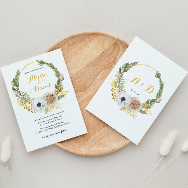 Elegant Winter Gold Floral Wreath Monogram Wedding Invitation (Creator Uploaded)