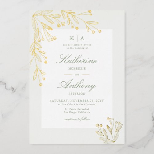 Elegant Winter Gold Mistletoe Monograms Wedding Foil Invitation