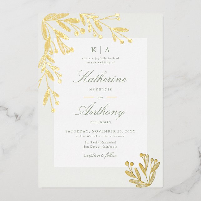 Elegant Winter Gold Mistletoe Monograms Wedding Foil Invitation (Front)