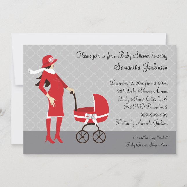 Elegant Winter Gray and Red Baby Shower Invitation (Front)