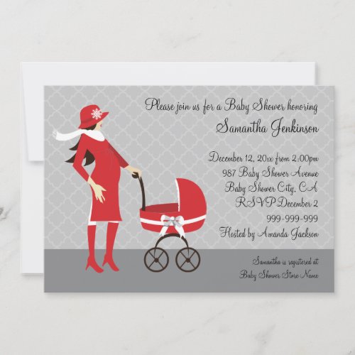 Elegant Winter Gray and Red Baby Shower Invitation