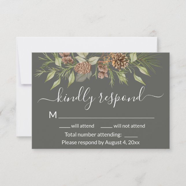 Elegant Winter Gray Blue Pine Wedding RSVP Card (Front)
