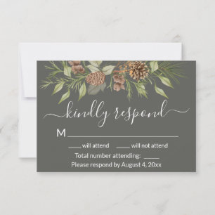 Elegant Winter Gray Blue Pine Wedding RSVP Card