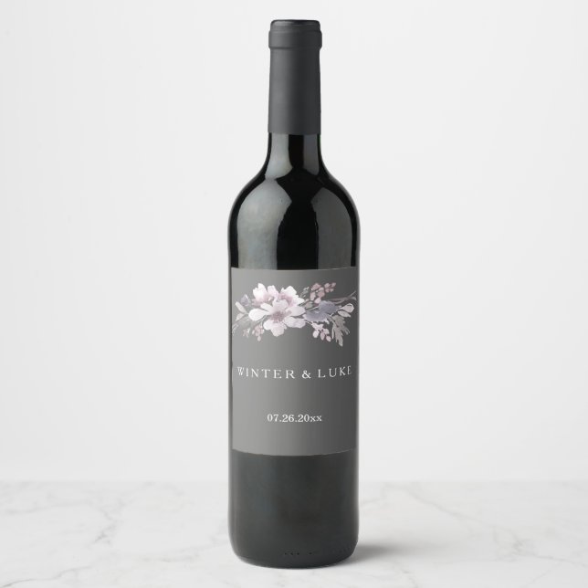 Elegant Winter Gray Floral Wedding Wine Label (Front)