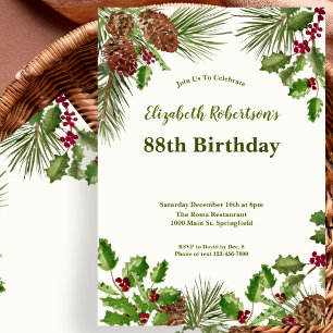 Elegant Winter Greenery 88th Birthday Invitation