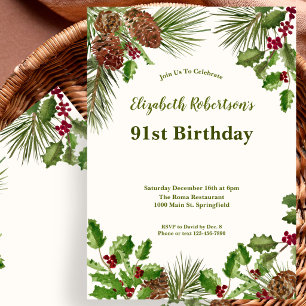Elegant Winter Greenery 91st Birthday Invitation