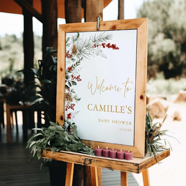 Elegant Winter Greenery Baby Shower Welcome Sign (Elegant Winter Greenery Baby Shower Welcome Sign)