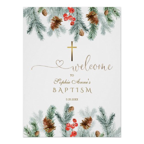 Elegant Winter Greenery Baptism Welcome Sign