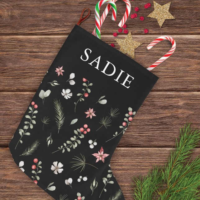 Elegant Winter Greenery Botanical Black Large Christmas Stocking (Creator Uploaded)