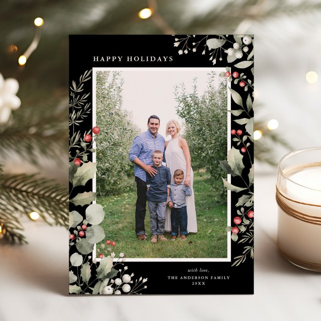Elegant Winter Greenery Botanical Black One Photo Holiday Card (Creator Uploaded)