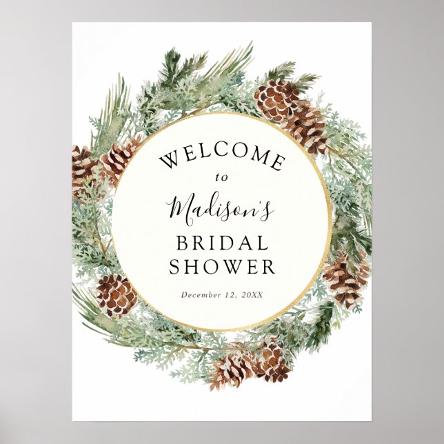 Elegant Winter Greenery Bridal Shower Welcome Poster (Front)