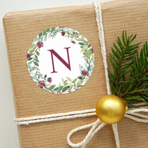 Elegant Winter Greenery Burgundy Monogram Initial Classic Round Sticker