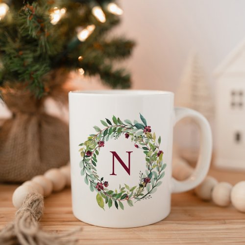 Elegant Winter Greenery Burgundy Monogram Wreath Coffee Mug