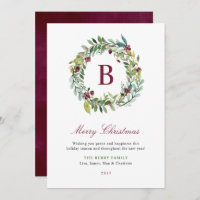 Elegant Winter Greenery Burgundy Monogram Wreath Holiday Card