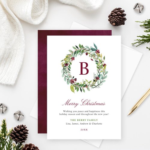 Elegant Winter Greenery Burgundy Monogram Wreath Holiday Card