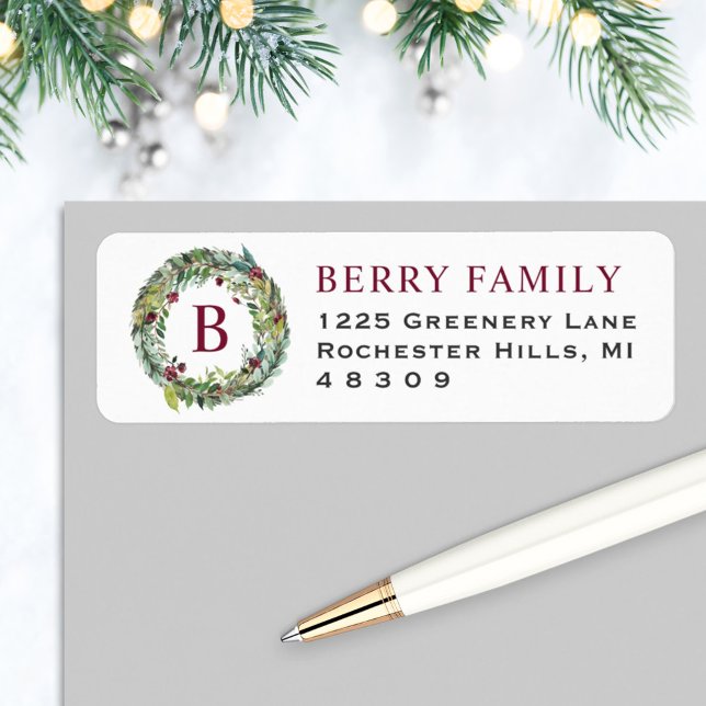 Elegant Winter Greenery Burgundy Monogram Wreath Label (Creator Uploaded)